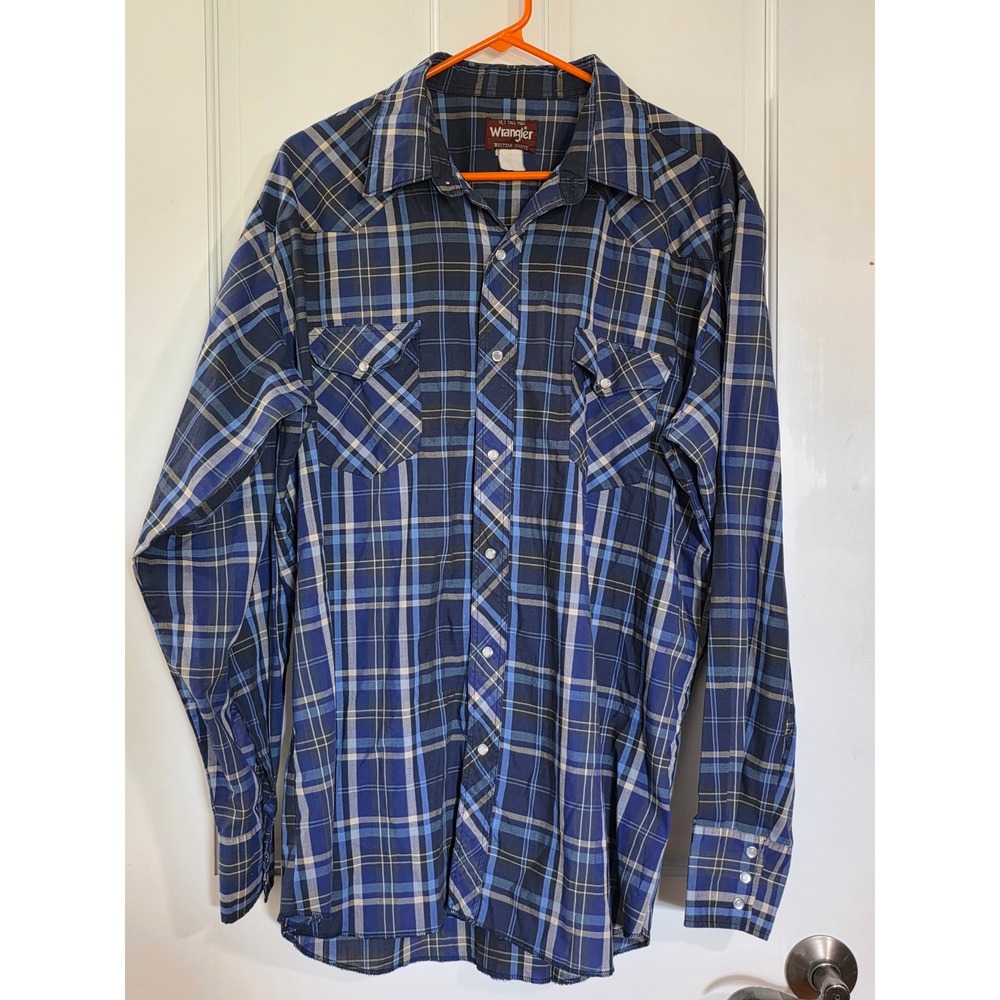 Wrangler Western Shirt XLT Tall Man Blue Plaid Pearl Snap Long Sleeve Yoke